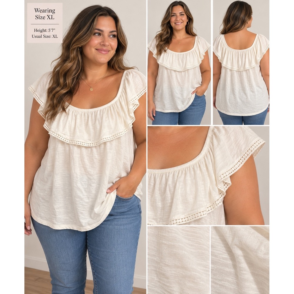 Old Navy Cream Ruffle Off Shoulder Crochet Trim Slub Knit Blouse XL